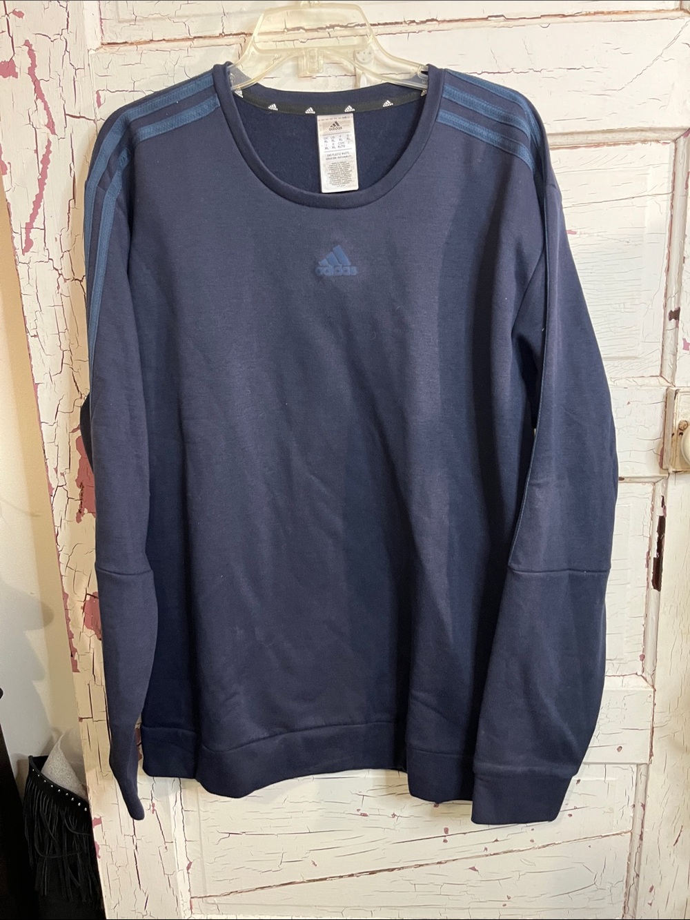 adidas Navy Crew Sweatshirt with Light Blue Shoulder Stripes 100% Polyester XL